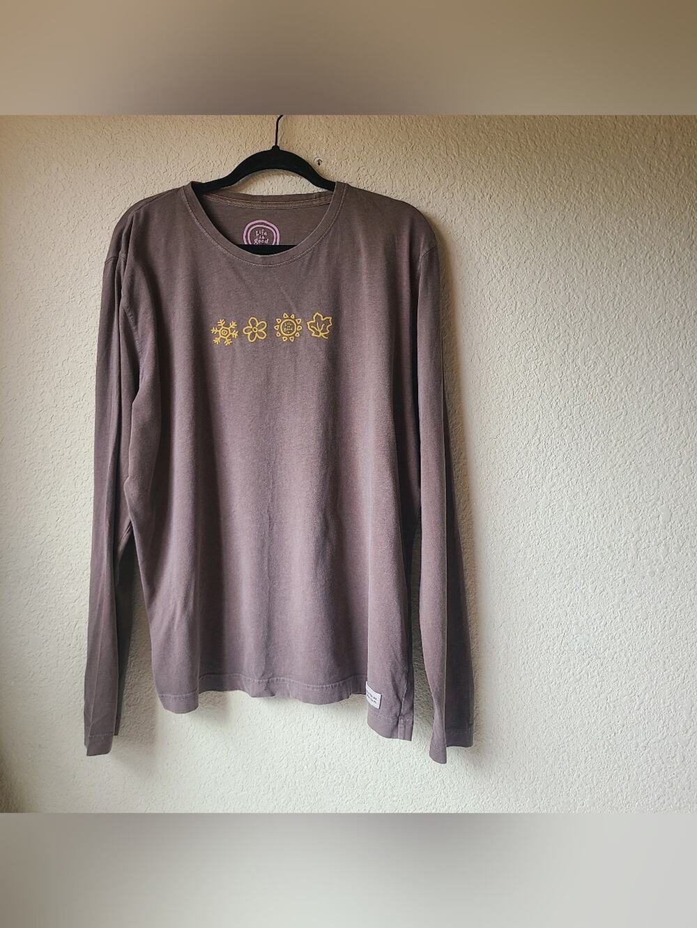 Life Is Good Long Sleeve Tee with Yellow Floral Icons Women's Size XL
